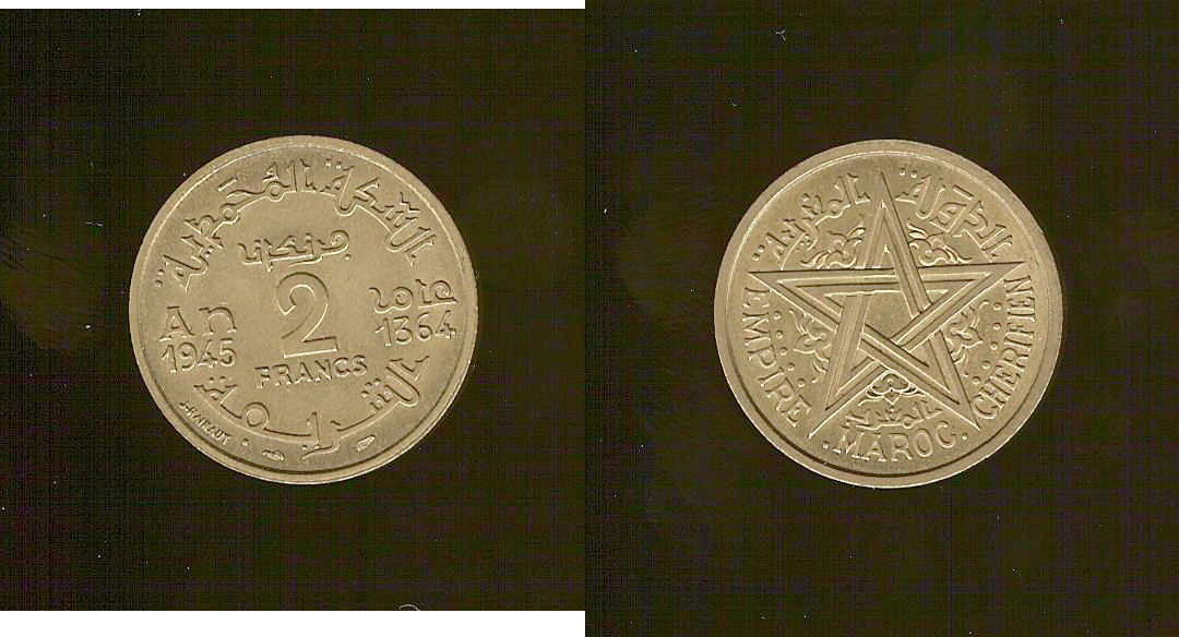 MAROC - PROTECTORAT FRANÇAIS 2 Francs AH 1364 1945 Paris SPL+